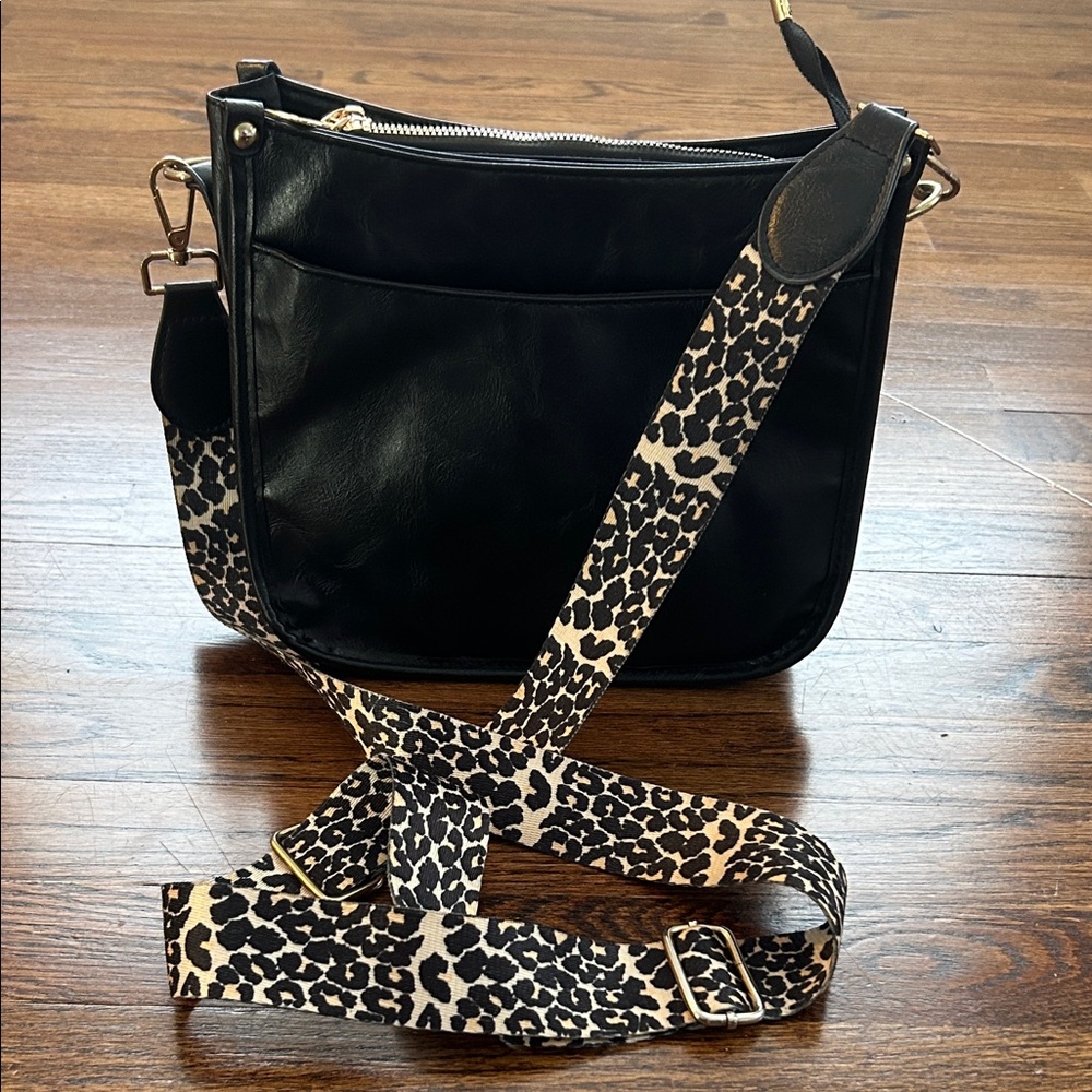 Black Crossbody Bag with Leopard Strap